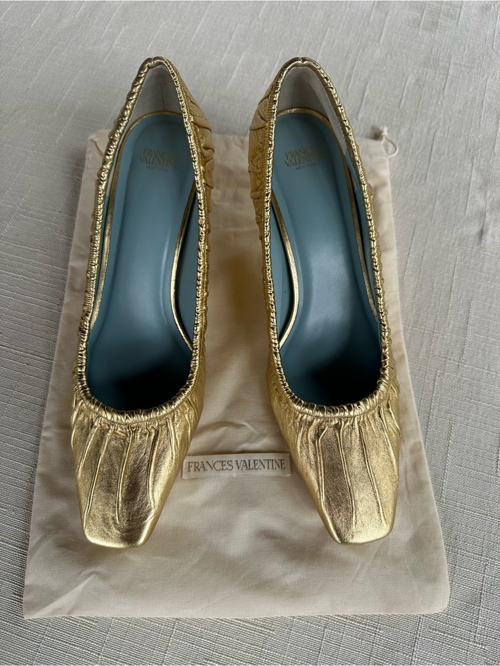 Frances Valentine Britta Ruched Metallic Leather Platino Heels Size 10